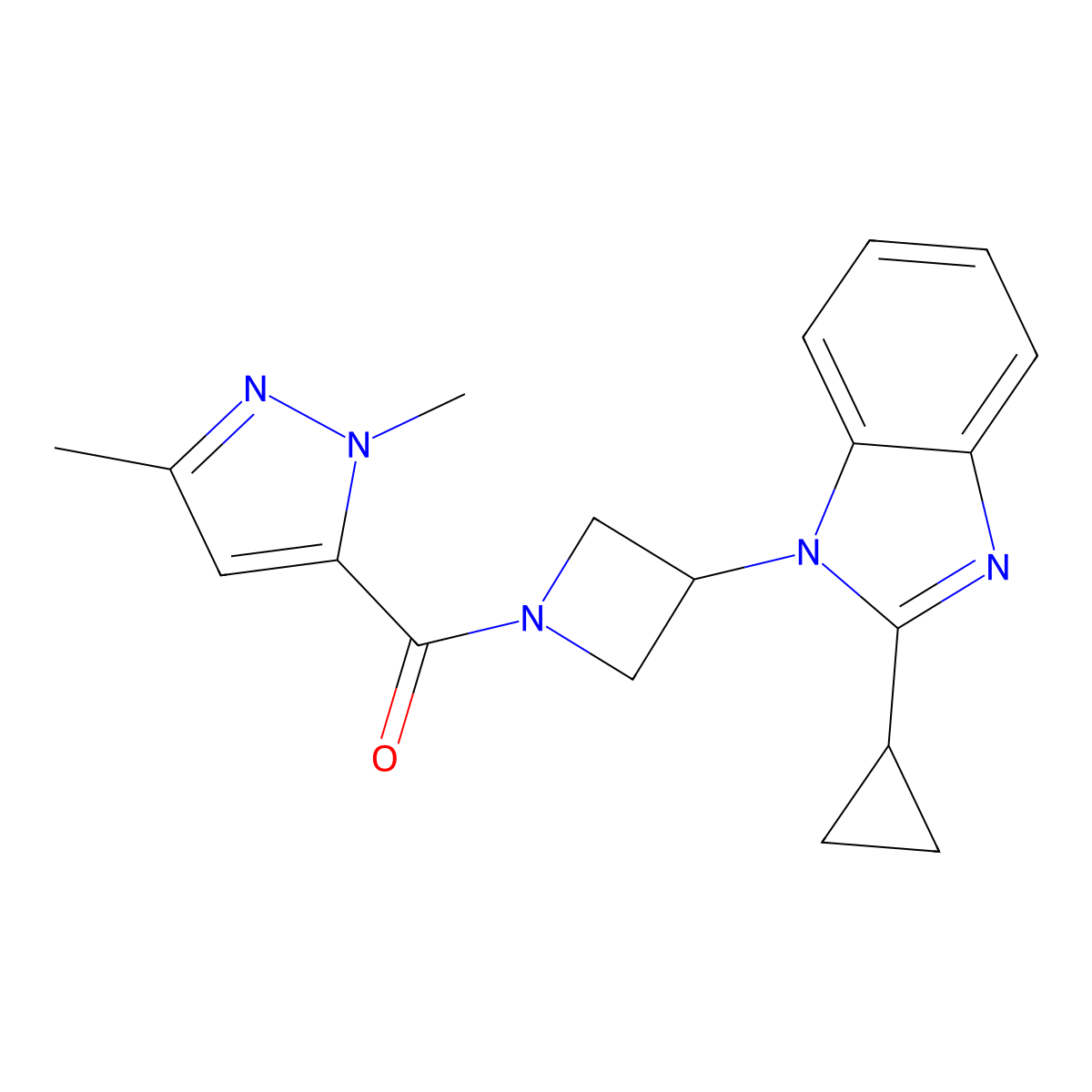 2-cyclopropyl-1-[1-(1,3-dimethyl-1H-pyrazole-5-carbonyl)azetidin-3-yl]-1H-1,3-benzodiazole molecular structure, CAS 2379950-73-7
