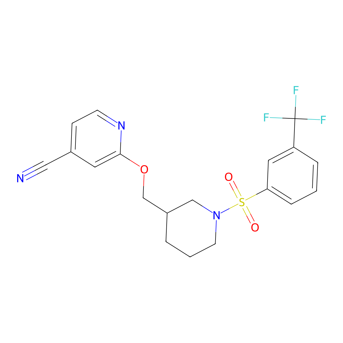 2-({1-[3-(Trifluoromethyl)benzenesulfonyl]piperidin-3-yl}methoxy)pyridine-4-carbonitrile molecular structure, CAS 2379950-76-0