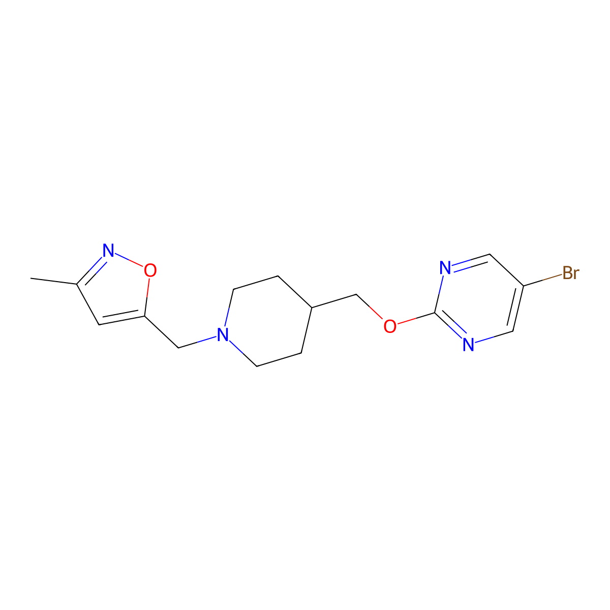 5-Bromo-2-({1-[(3-methyl-1,2-oxazol-5-yl)methyl]piperidin-4-yl}methoxy)pyrimidine molecular structure, CAS 2379951-07-0