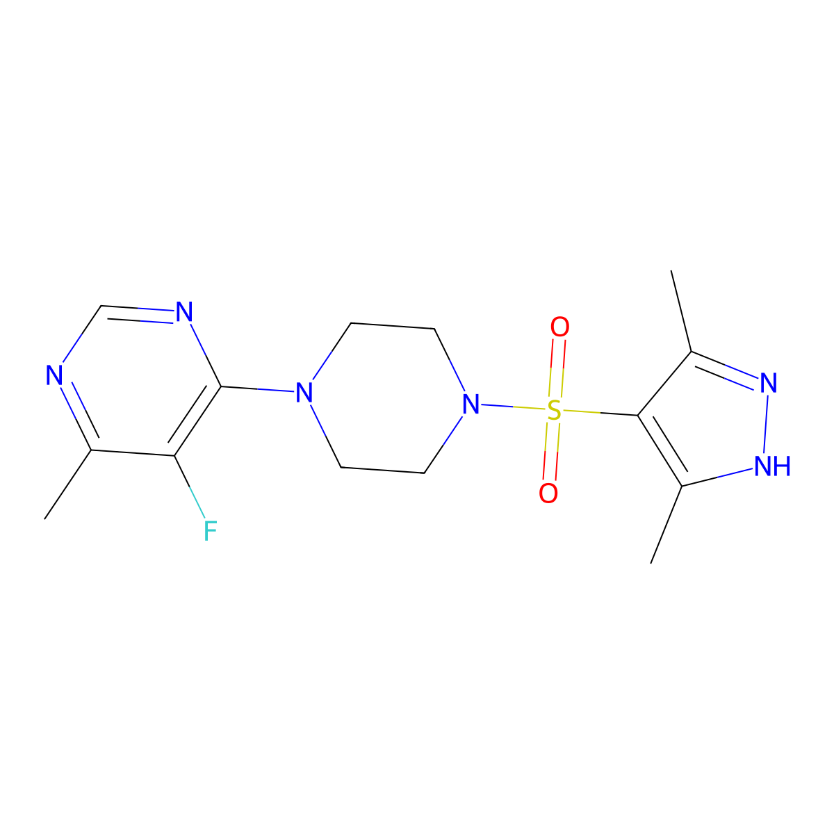 4-{4-[(3,5-dimethyl-1H-pyrazol-4-yl)sulfonyl]piperazin-1-yl}-5-fluoro-6-methylpyrimidine molecular structure, CAS 2379951-16-1