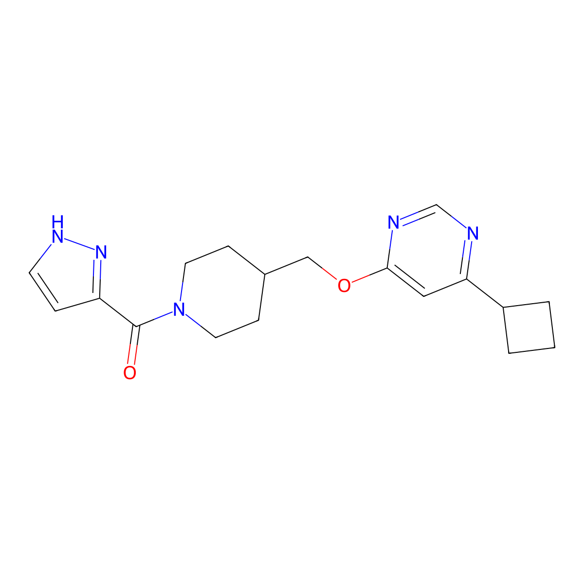4-cyclobutyl-6-{[1-(1H-pyrazole-3-carbonyl)piperidin-4-yl]methoxy}pyrimidine molecular structure, CAS 2379951-18-3