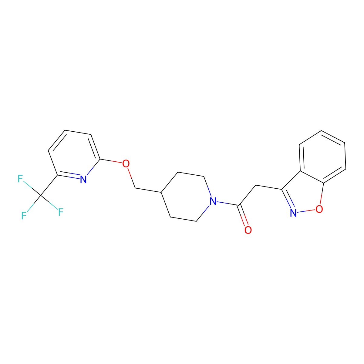 2-(1,2-Benzoxazol-3-yl)-1-[4-({[6-(trifluoromethyl)pyridin-2-yl]oxy}methyl)piperidin-1-yl]ethan-1-one molecular structure, CAS 2379951-23-0