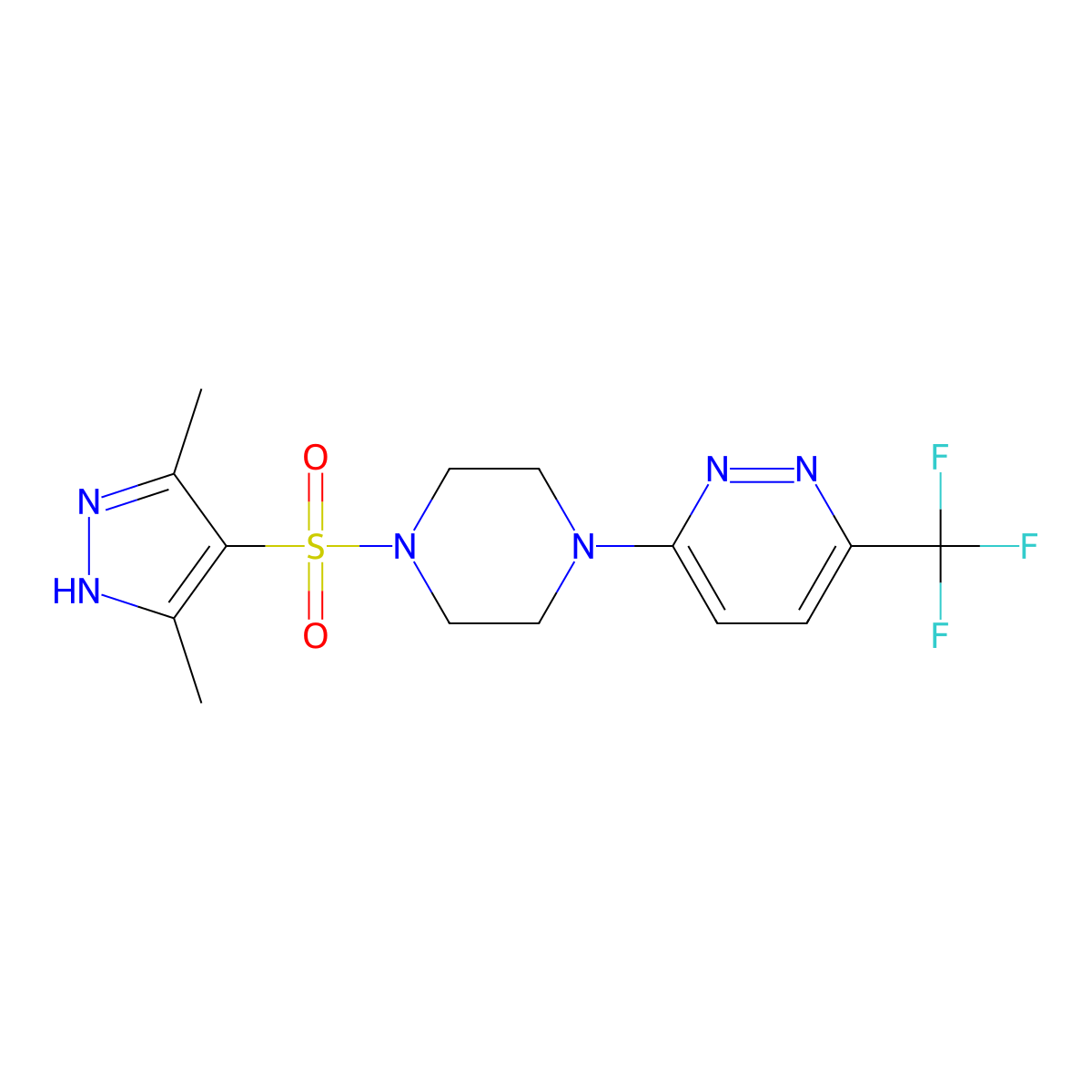 3-{4-[(3,5-dimethyl-1H-pyrazol-4-yl)sulfonyl]piperazin-1-yl}-6-(trifluoromethyl)pyridazine molecular structure, CAS 2379951-35-4