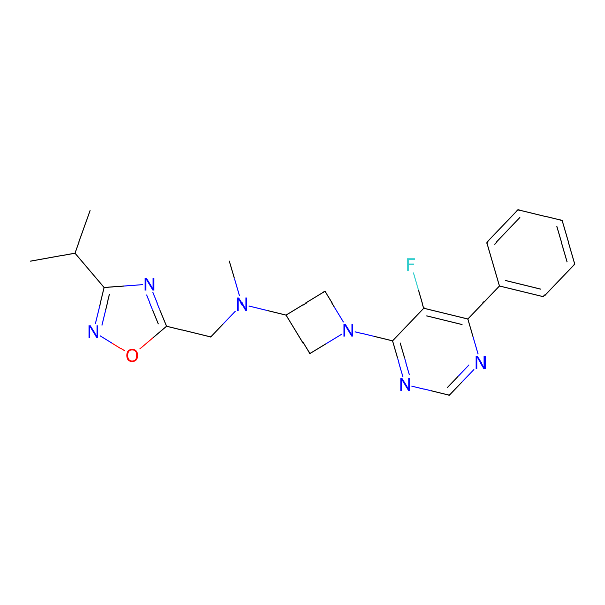 1-(5-fluoro-6-phenylpyrimidin-4-yl)-N-methyl-N-{[3-(propan-2-yl)-1,2,4-oxadiazol-5-yl]methyl}azetidin-3-amine molecular structure, CAS 2379951-51-4