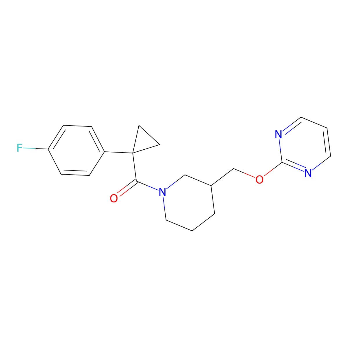 2-({1-[1-(4-Fluorophenyl)cyclopropanecarbonyl]piperidin-3-yl}methoxy)pyrimidine molecular structure, CAS 2379951-54-7