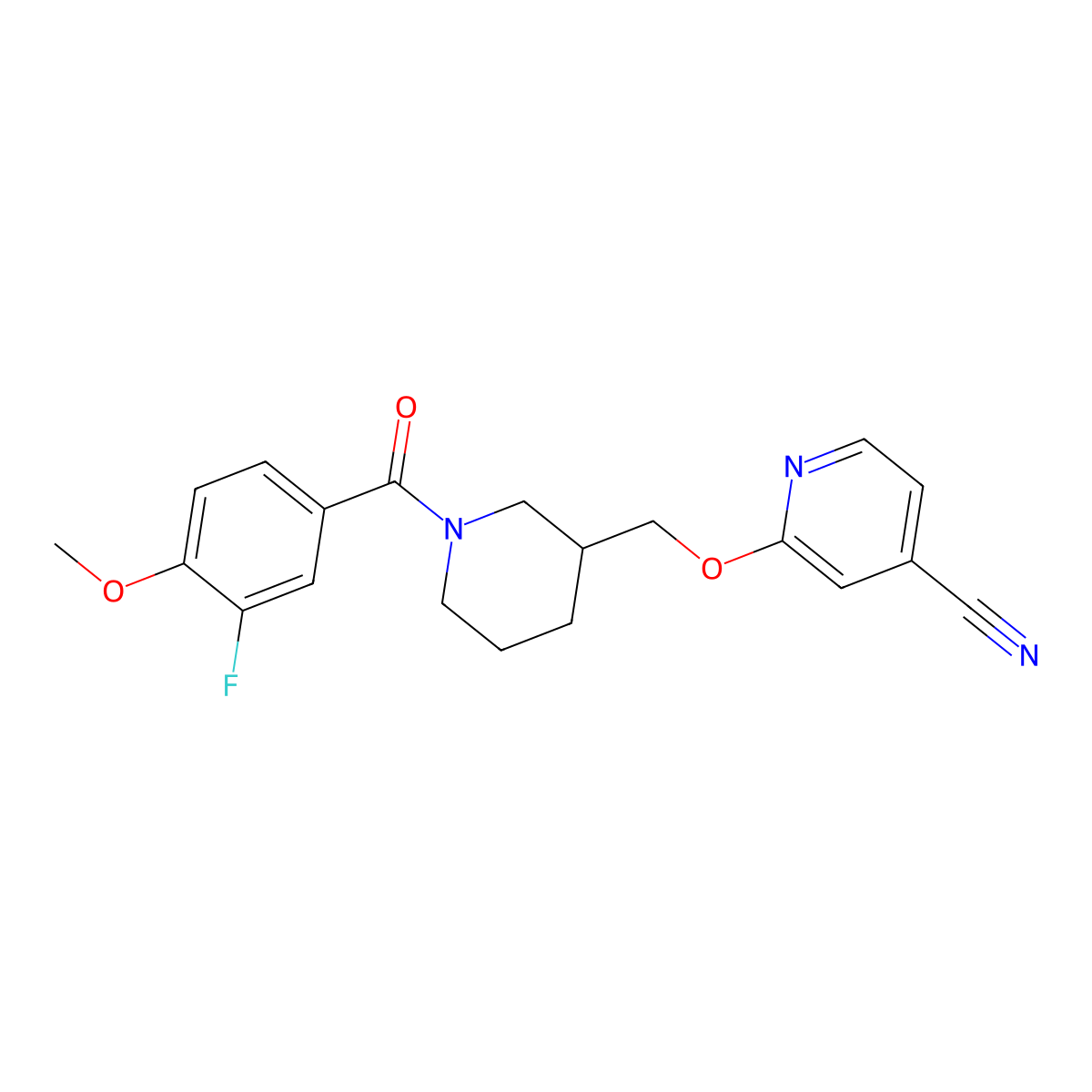 2-{[1-(3-Fluoro-4-methoxybenzoyl)piperidin-3-yl]methoxy}pyridine-4-carbonitrile molecular structure, CAS 2379951-56-9
