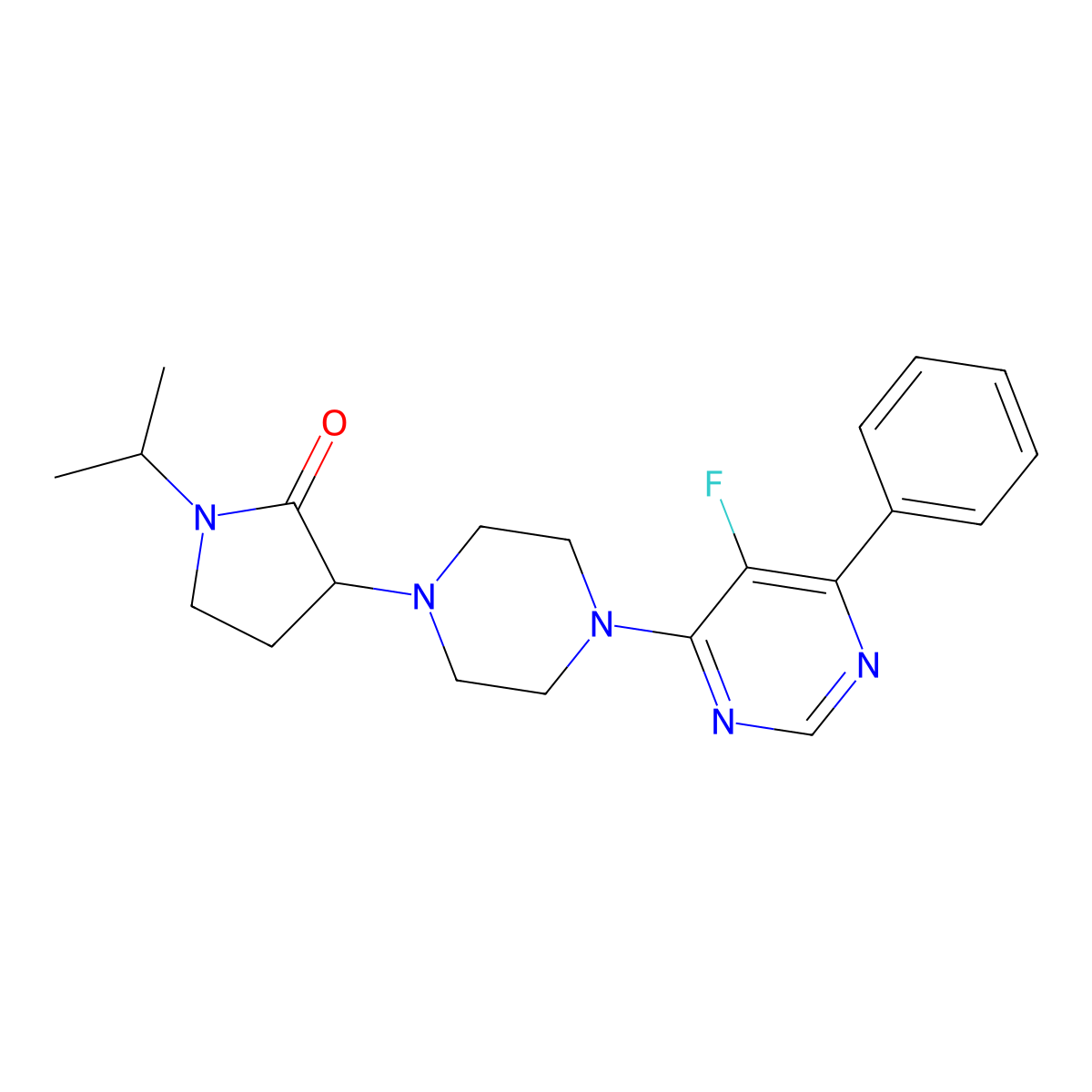 3-[4-(5-Fluoro-6-phenylpyrimidin-4-yl)piperazin-1-yl]-1-(propan-2-yl)pyrrolidin-2-one molecular structure, CAS 2379951-57-0
