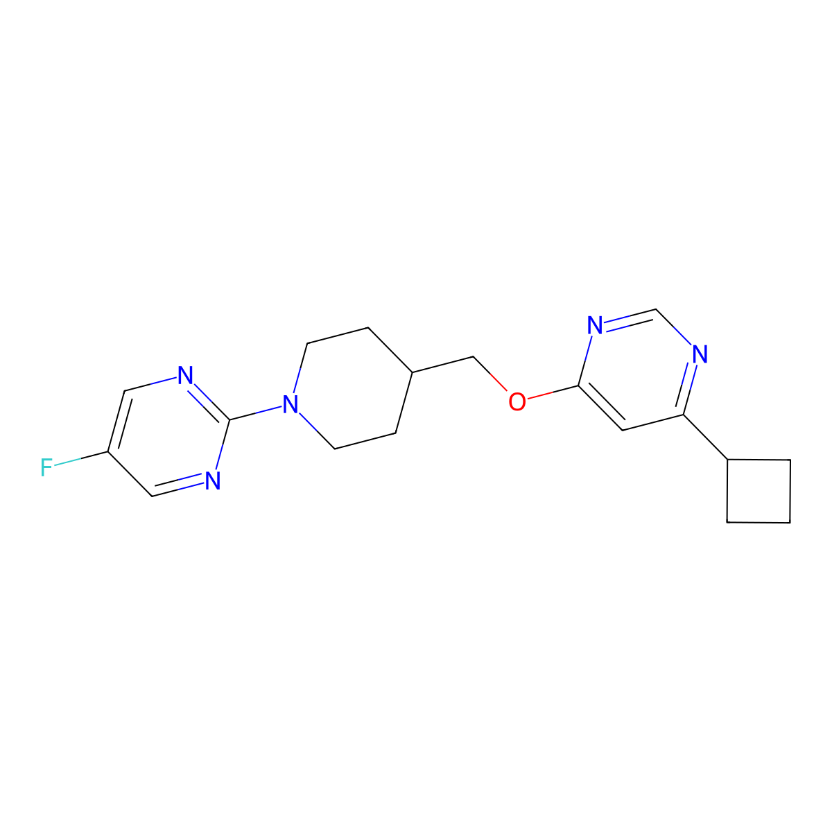 2-(4-{[(6-Cyclobutylpyrimidin-4-yl)oxy]methyl}piperidin-1-yl)-5-fluoropyrimidine molecular structure, CAS 2379951-94-5