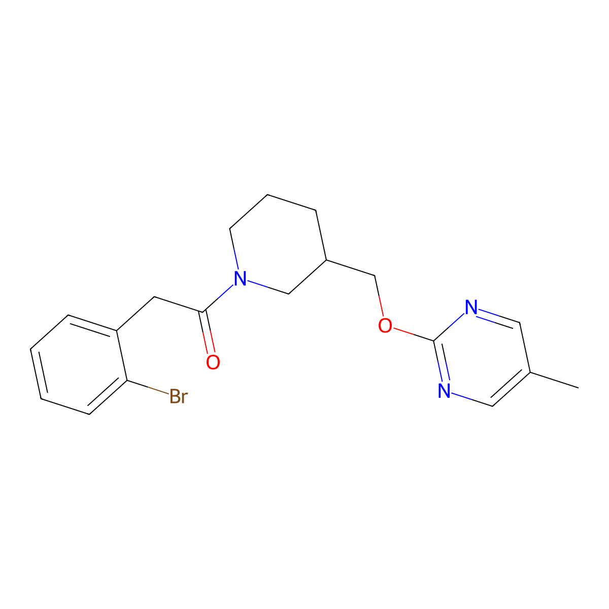 2-(2-Bromophenyl)-1-(3-{[(5-methylpyrimidin-2-yl)oxy]methyl}piperidin-1-yl)ethan-1-one molecular structure, CAS 2379952-04-0