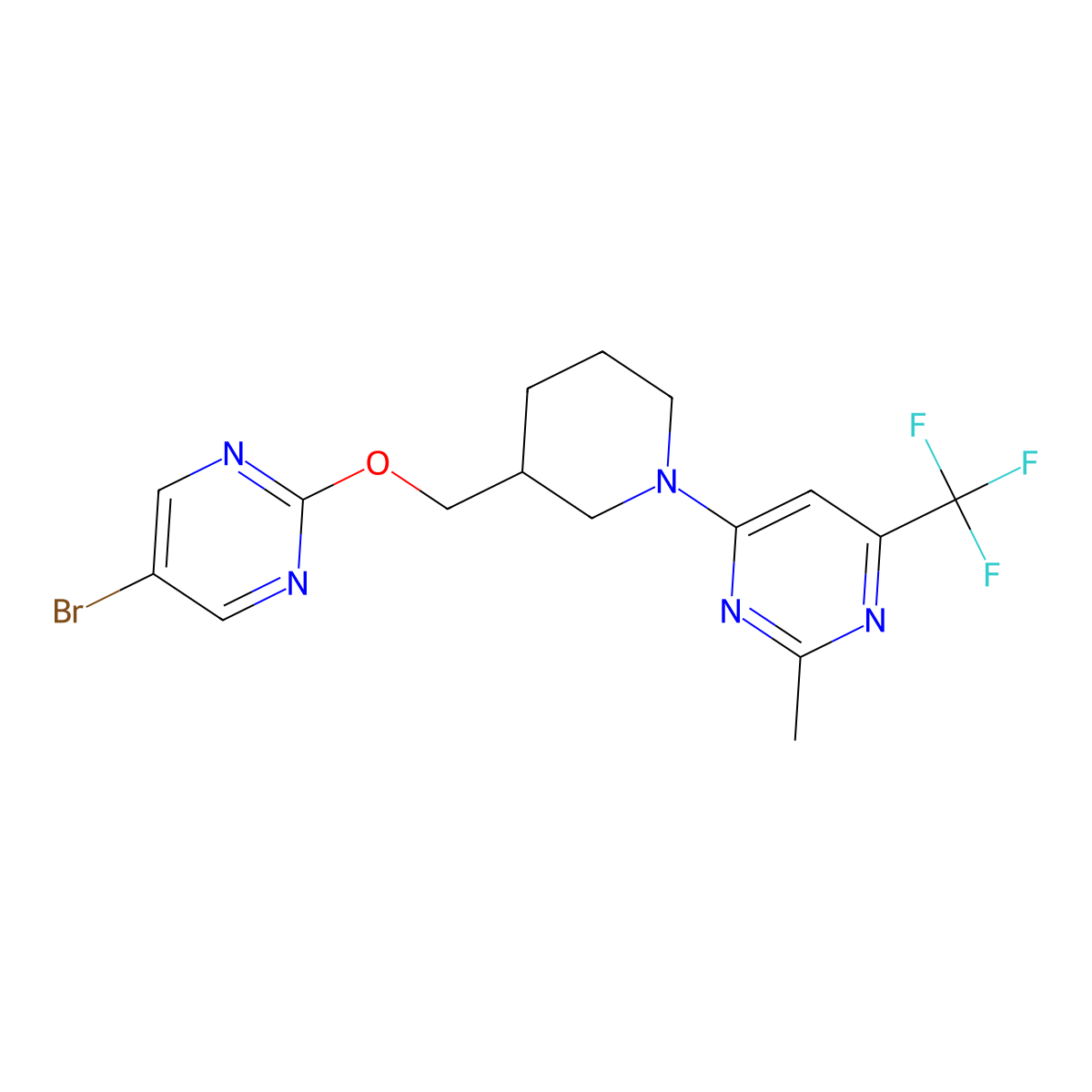 4-(3-{[(5-Bromopyrimidin-2-yl)oxy]methyl}piperidin-1-yl)-2-methyl-6-(trifluoromethyl)pyrimidine molecular structure, CAS 2379952-06-2