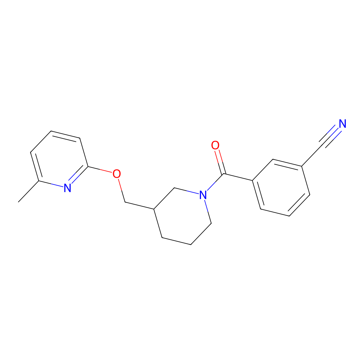 3-(3-{[(6-Methylpyridin-2-yl)oxy]methyl}piperidine-1-carbonyl)benzonitrile molecular structure, CAS 2379952-12-0