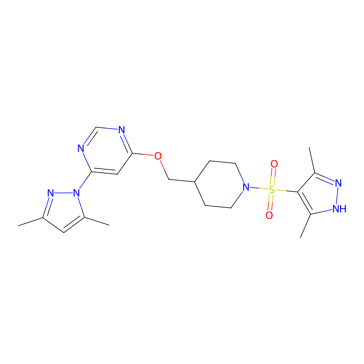 4-(3,5-dimethyl-1H-pyrazol-1-yl)-6-({1-[(3,5-dimethyl-1H-pyrazol-4-yl)sulfonyl]piperidin-4-yl}methoxy)pyrimidine molecular structure, CAS 2379952-17-5
