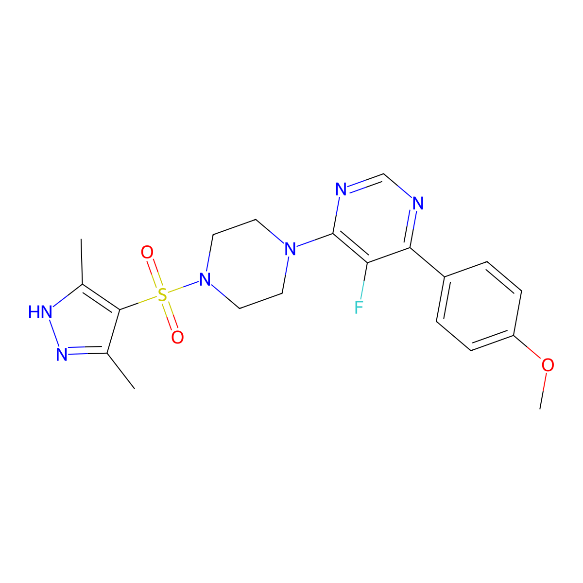 4-{4-[(3,5-dimethyl-1H-pyrazol-4-yl)sulfonyl]piperazin-1-yl}-5-fluoro-6-(4-methoxyphenyl)pyrimidine molecular structure, CAS 2379952-32-4