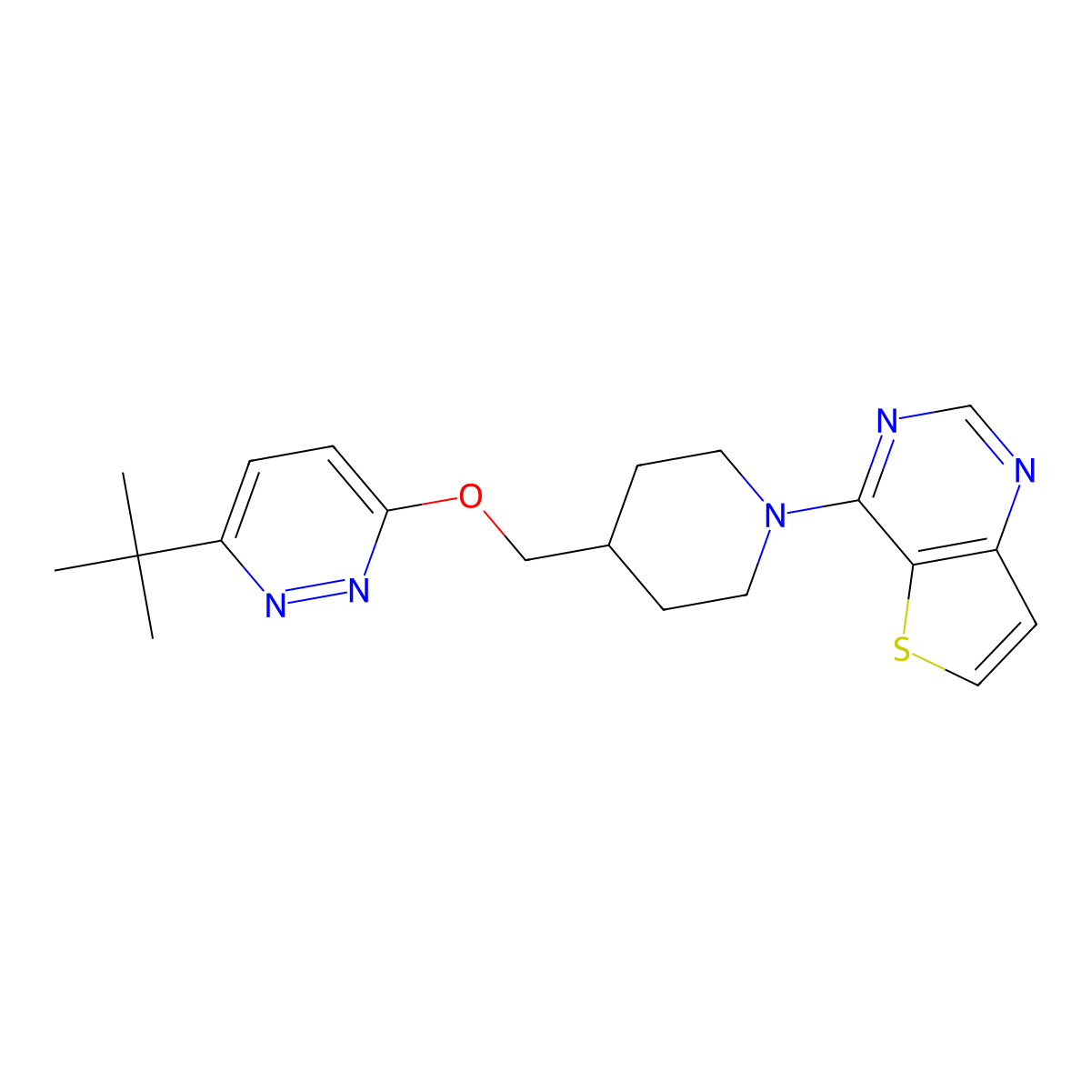3-Tert-butyl-6-[(1-{thieno[3,2-d]pyrimidin-4-yl}piperidin-4-yl)methoxy]pyridazine molecular structure, CAS 2379952-33-5