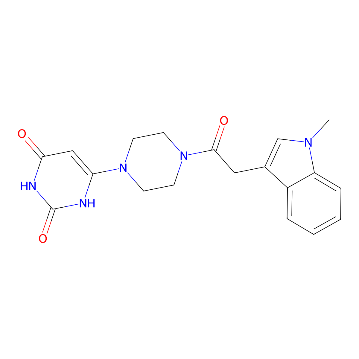 6-{4-[2-(1-methyl-1H-indol-3-yl)acetyl]piperazin-1-yl}-1,2,3,4-tetrahydropyrimidine-2,4-dione molecular structure, CAS 2379952-47-1