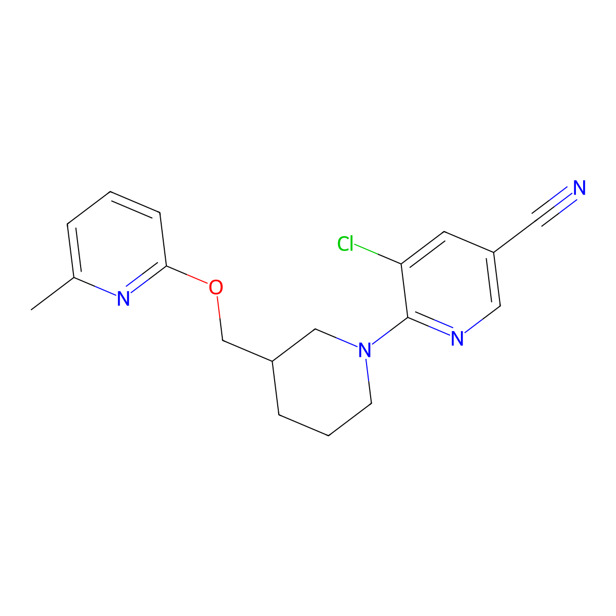 5-Chloro-6-(3-{[(6-methylpyridin-2-yl)oxy]methyl}piperidin-1-yl)pyridine-3-carbonitrile molecular structure, CAS 2379952-82-4