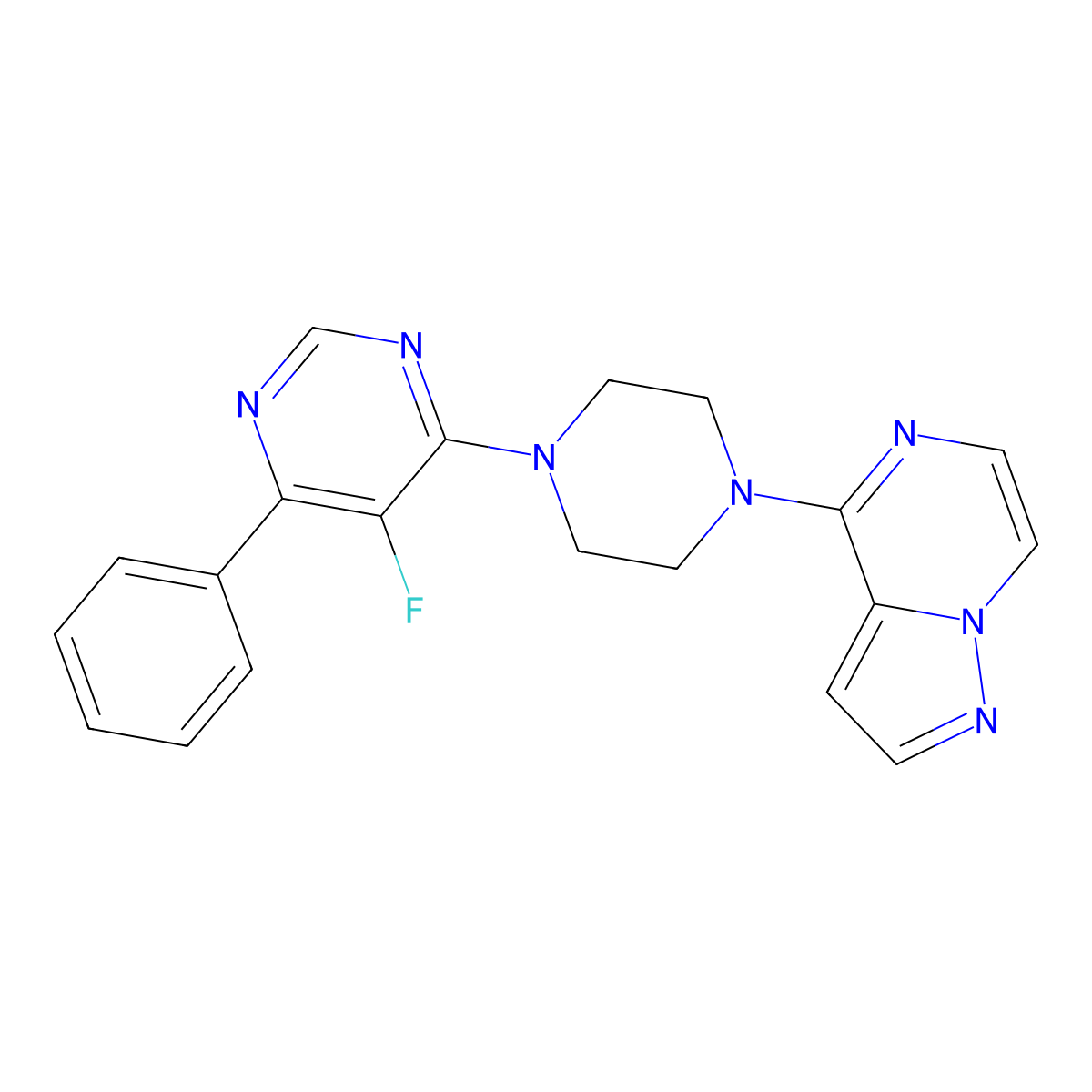 5-Fluoro-4-phenyl-6-(4-{pyrazolo[1,5-a]pyrazin-4-yl}piperazin-1-yl)pyrimidine molecular structure, CAS 2379952-87-9