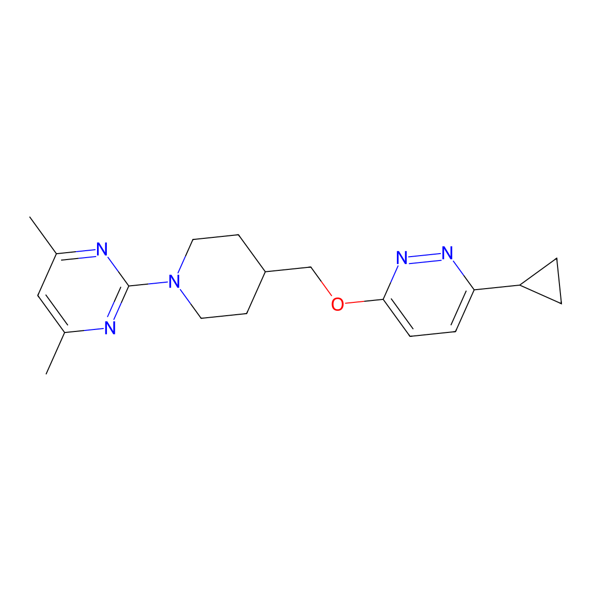 2-(4-{[(6-Cyclopropylpyridazin-3-yl)oxy]methyl}piperidin-1-yl)-4,6-dimethylpyrimidine molecular structure, CAS 2379952-96-0