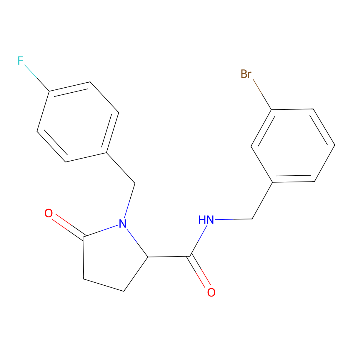 N-[(3-Bromophenyl)methyl]-1-[(4-fluorophenyl)methyl]-5-oxopyrrolidine-2-carboxamide molecular structure, CAS 2379952-97-1