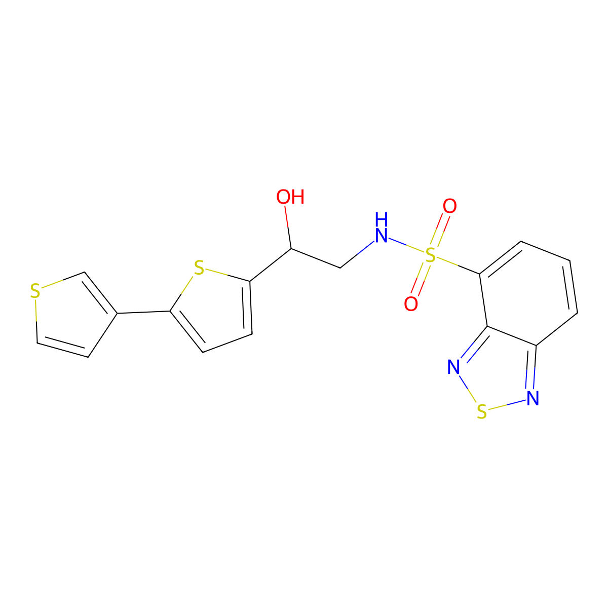 N-(2-{[2,3'-bithiophene]-5-yl}-2-hydroxyethyl)-2,1,3-benzothiadiazole-4-sulfonamide molecular structure, CAS 2379953-16-7