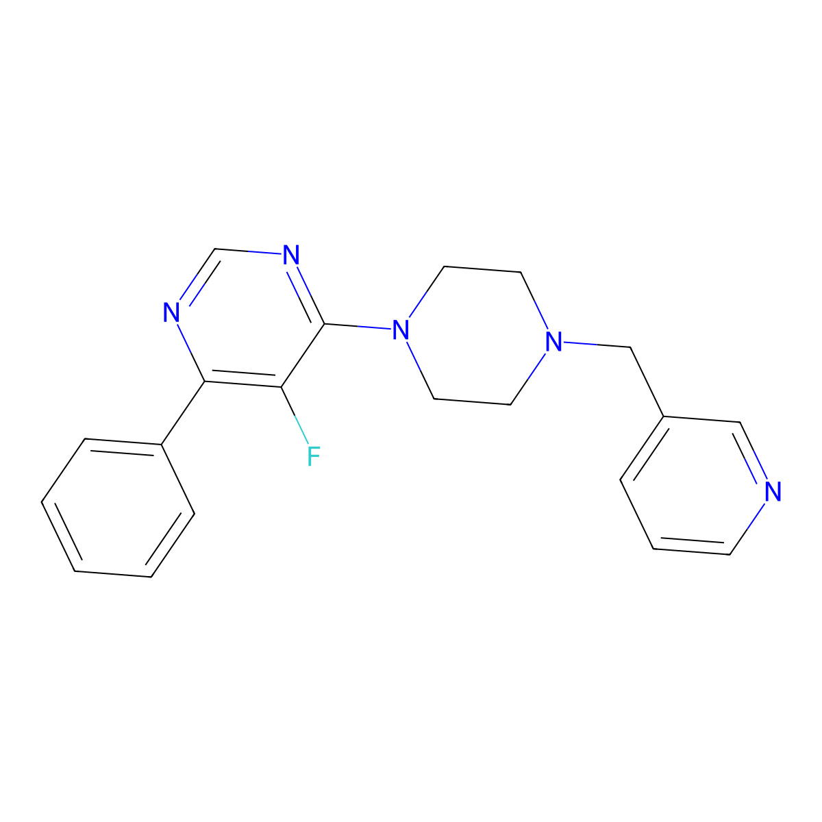 5-Fluoro-4-phenyl-6-{4-[(pyridin-3-yl)methyl]piperazin-1-yl}pyrimidine molecular structure, CAS 2379953-24-7