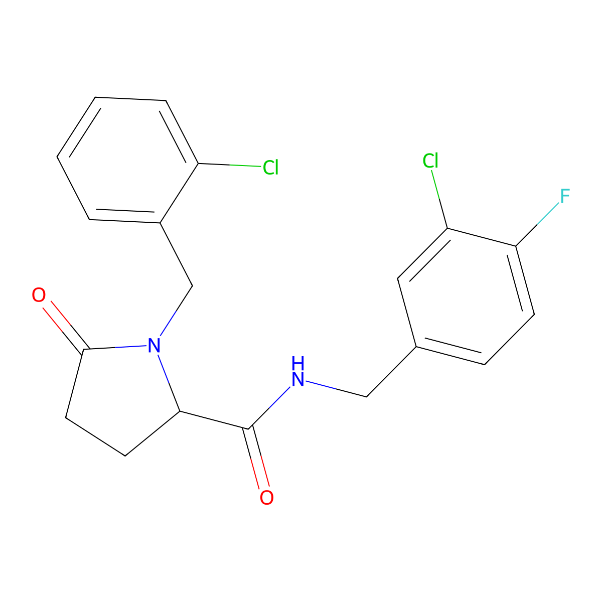 N-[(3-Chloro-4-fluorophenyl)methyl]-1-[(2-chlorophenyl)methyl]-5-oxopyrrolidine-2-carboxamide molecular structure, CAS 2379953-30-5