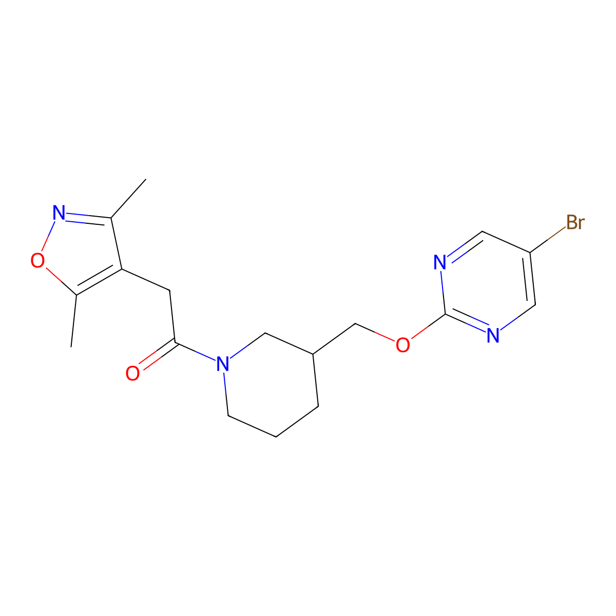 1-(3-{[(5-Bromopyrimidin-2-yl)oxy]methyl}piperidin-1-yl)-2-(3,5-dimethyl-1,2-oxazol-4-yl)ethan-1-one molecular structure, CAS 2379953-33-8