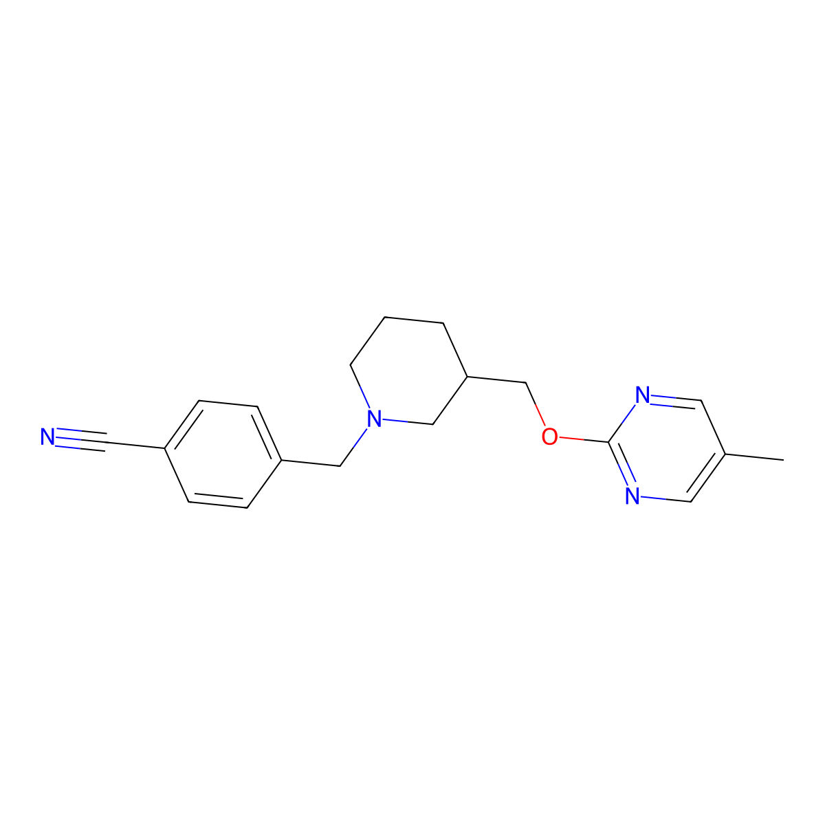 4-[(3-{[(5-Methylpyrimidin-2-yl)oxy]methyl}piperidin-1-yl)methyl]benzonitrile molecular structure, CAS 2379953-58-7