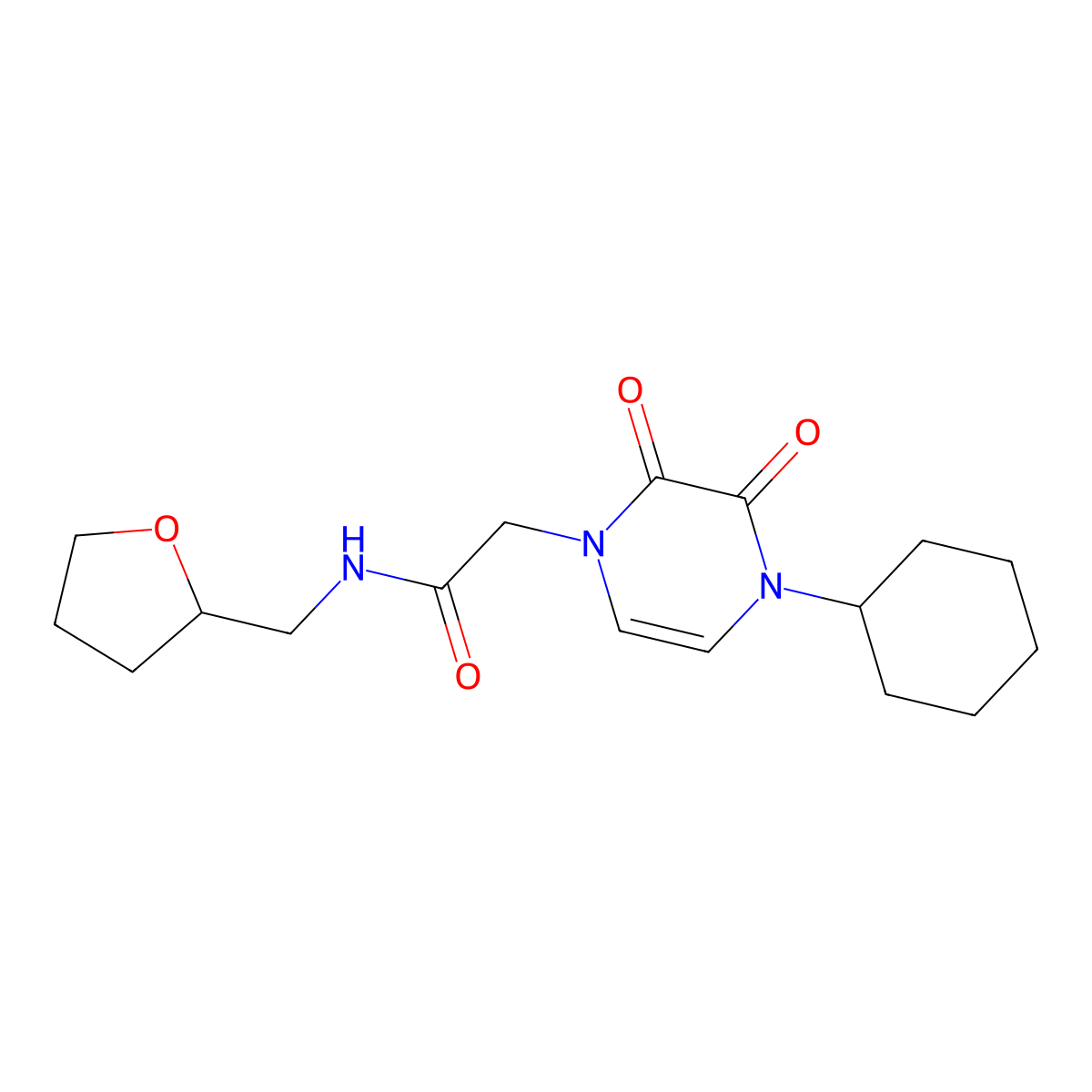 2-(4-cyclohexyl-2,3-dioxo-1,2,3,4-tetrahydropyrazin-1-yl)-N-[(oxolan-2-yl)methyl]acetamide molecular structure, CAS 2379953-71-4