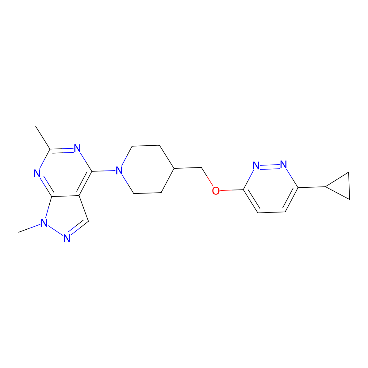 3-cyclopropyl-6-[(1-{1,6-dimethyl-1H-pyrazolo[3,4-d]pyrimidin-4-yl}piperidin-4-yl)methoxy]pyridazine molecular structure, CAS 2379953-78-1