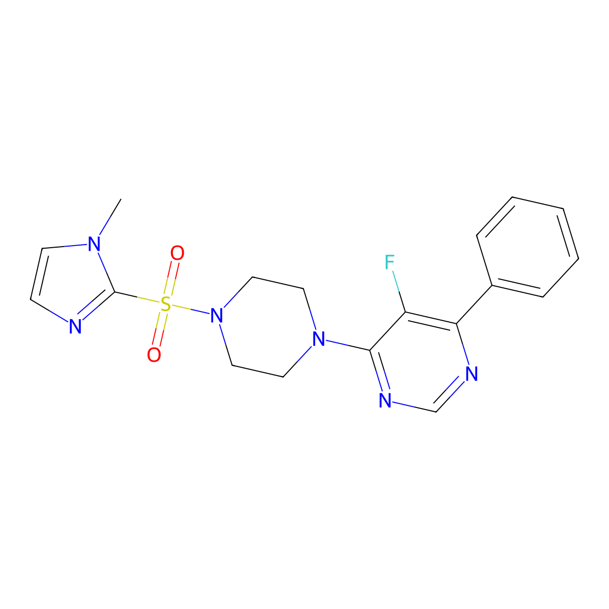 5-fluoro-4-{4-[(1-methyl-1H-imidazol-2-yl)sulfonyl]piperazin-1-yl}-6-phenylpyrimidine molecular structure, CAS 2379953-86-1