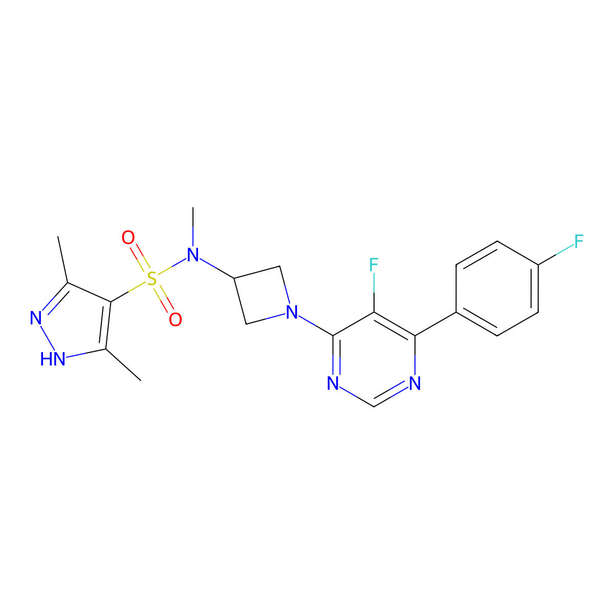 N-{1-[5-fluoro-6-(4-fluorophenyl)pyrimidin-4-yl]azetidin-3-yl}-N,3,5-trimethyl-1H-pyrazole-4-sulfonamide molecular structure, CAS 2379970-30-4