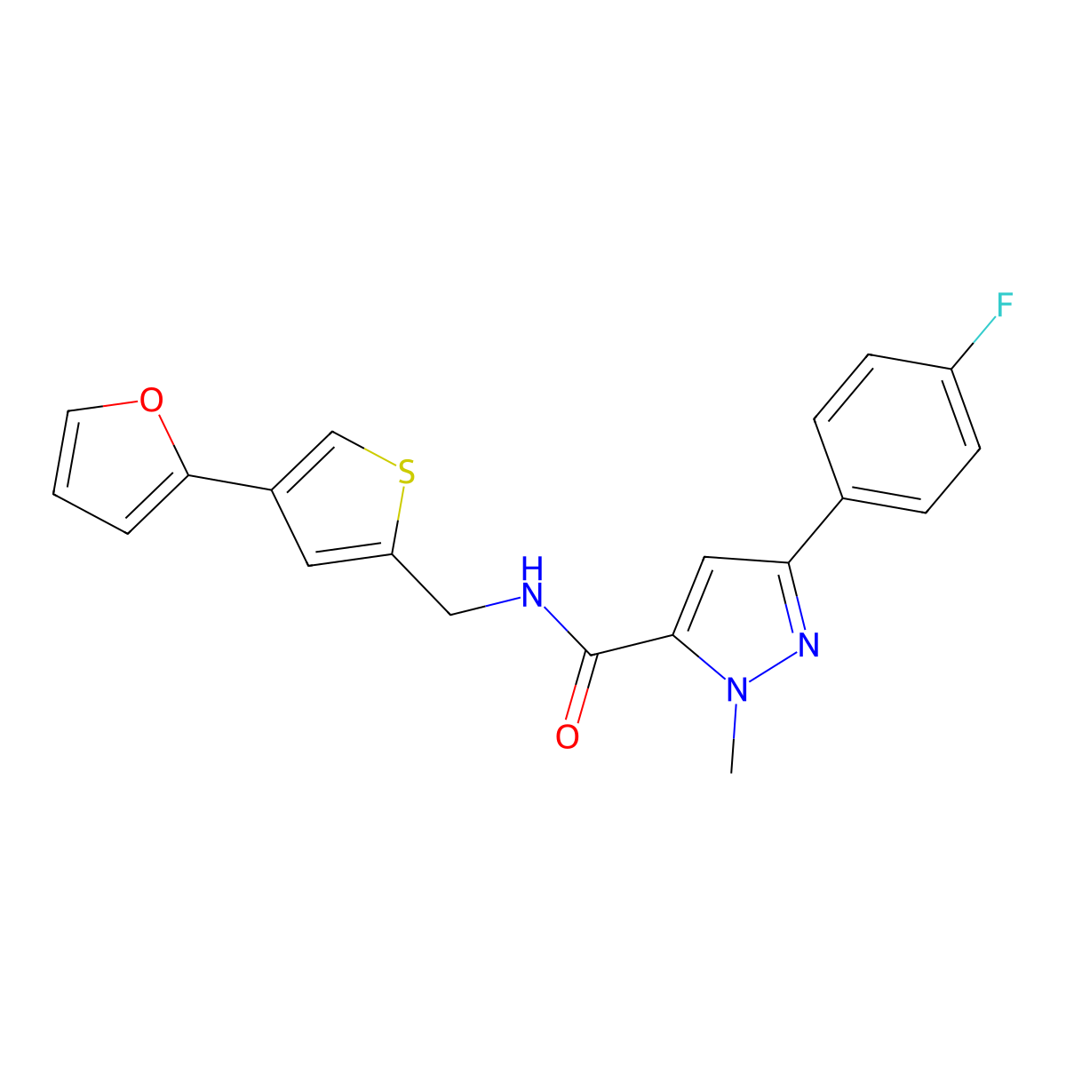 3-(4-fluorophenyl)-N-{[4-(furan-2-yl)thiophen-2-yl]methyl}-1-methyl-1H-pyrazole-5-carboxamide molecular structure, CAS 2379970-40-6
