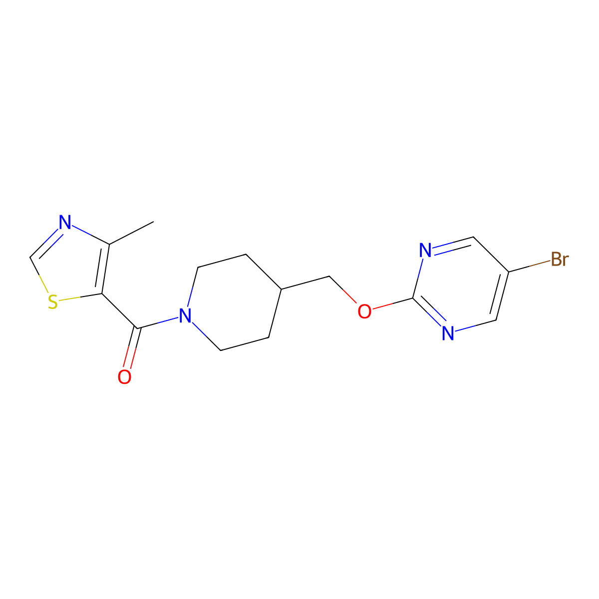 5-Bromo-2-{[1-(4-methyl-1,3-thiazole-5-carbonyl)piperidin-4-yl]methoxy}pyrimidine molecular structure, CAS 2379970-42-8