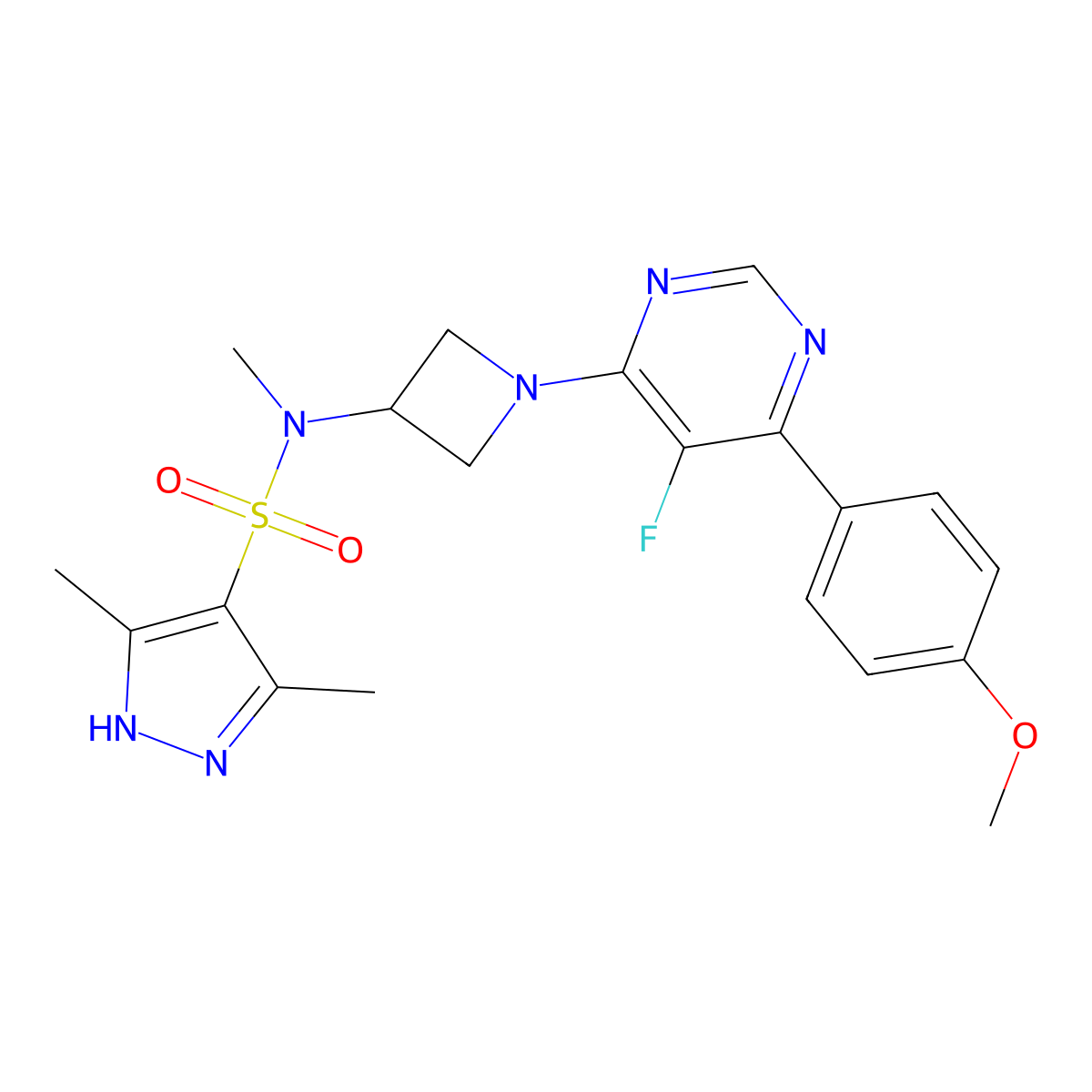 N-{1-[5-fluoro-6-(4-methoxyphenyl)pyrimidin-4-yl]azetidin-3-yl}-N,3,5-trimethyl-1H-pyrazole-4-sulfonamide molecular structure, CAS 2379970-60-0