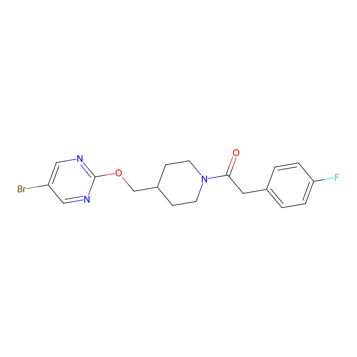 1-(4-{[(5-Bromopyrimidin-2-yl)oxy]methyl}piperidin-1-yl)-2-(4-fluorophenyl)ethan-1-one molecular structure, CAS 2379970-71-3