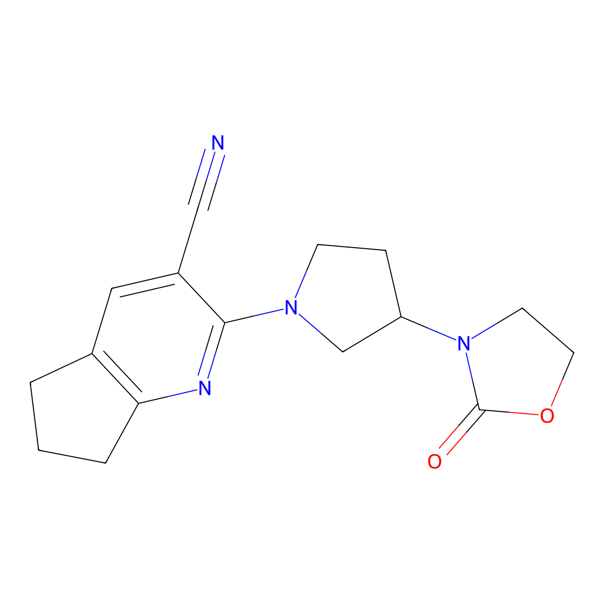 2-[3-(2-Oxo-1,3-oxazolidin-3-yl)pyrrolidin-1-yl]-6,7-dihydro-5H-cyclopenta[b]pyridine-3-carbonitrile molecular structure, CAS 2379970-72-4