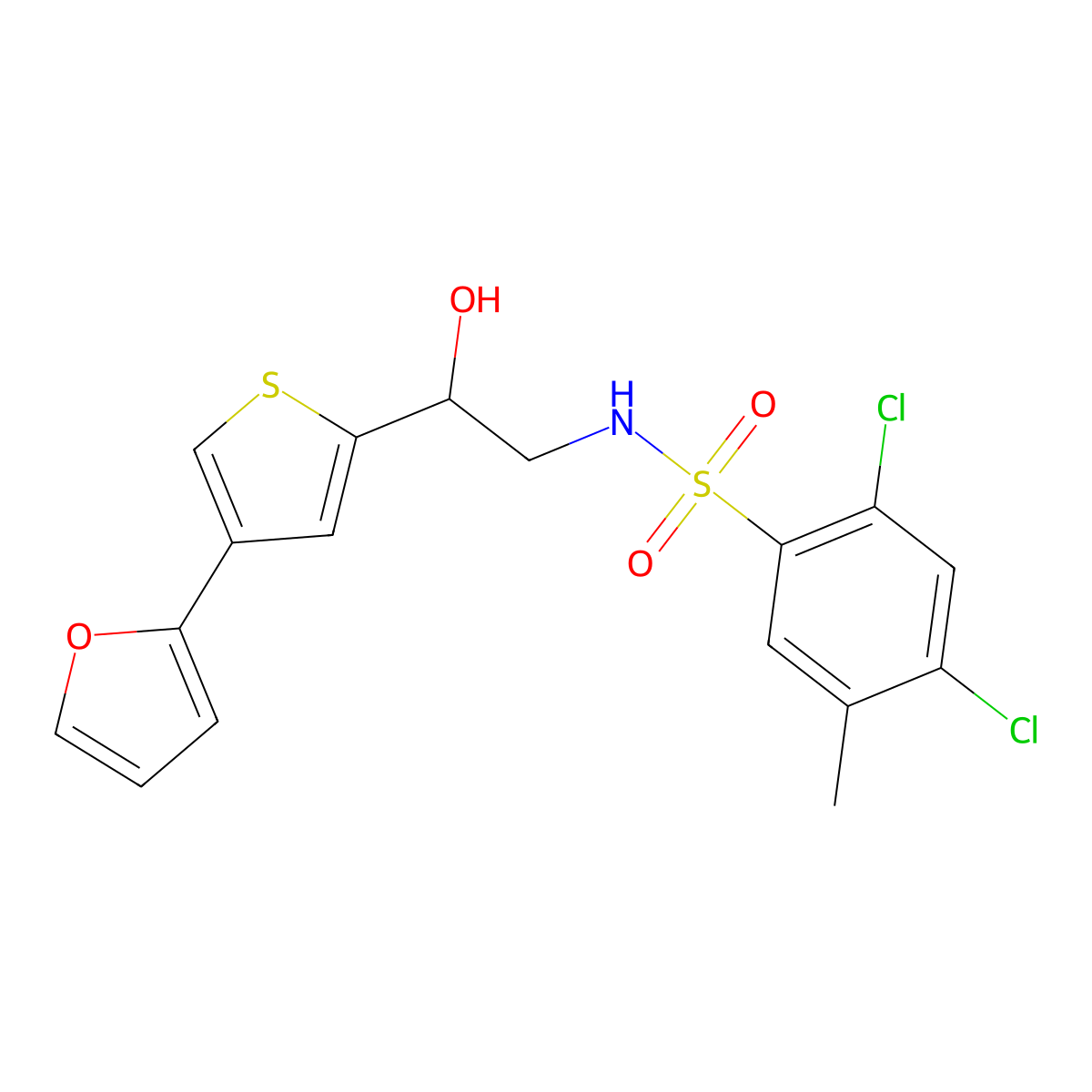 2,4-dichloro-N-{2-[4-(furan-2-yl)thiophen-2-yl]-2-hydroxyethyl}-5-methylbenzene-1-sulfonamide molecular structure, CAS 2379970-75-7