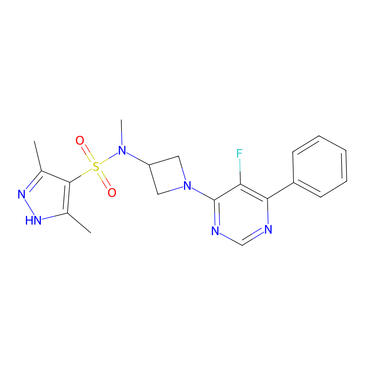 N-[1-(5-Fluoro-6-phenylpyrimidin-4-yl)azetidin-3-yl]-N,3,5-trimethyl-1H-pyrazole-4-sulfonamide molecular structure, CAS 2379970-80-4