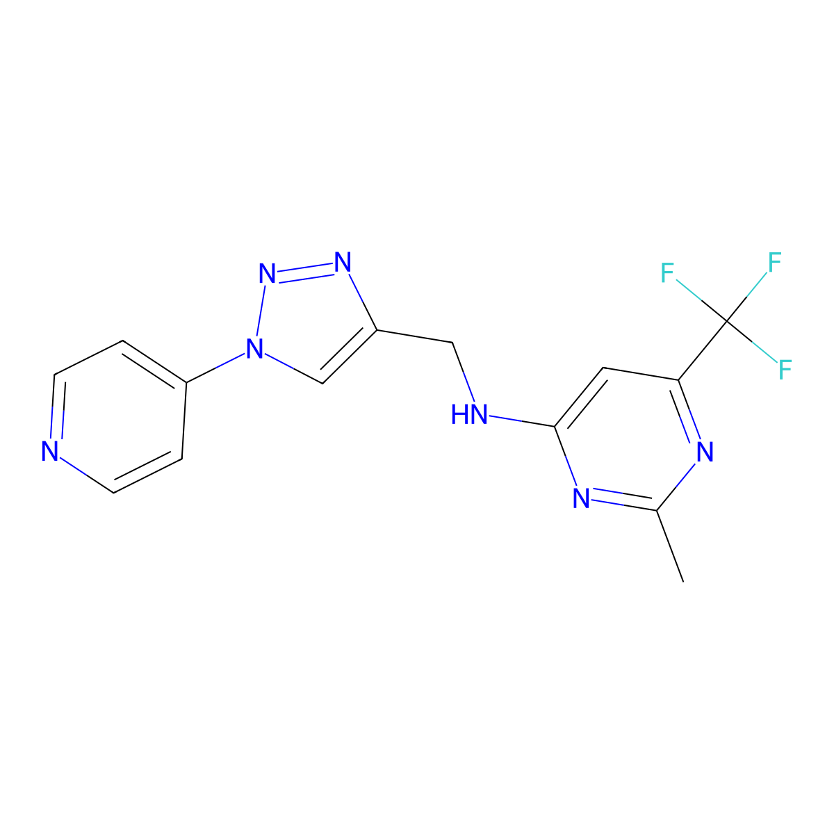 2-methyl-N-{[1-(pyridin-4-yl)-1H-1,2,3-triazol-4-yl]methyl}-6-(trifluoromethyl)pyrimidin-4-amine molecular structure, CAS 2379970-82-6