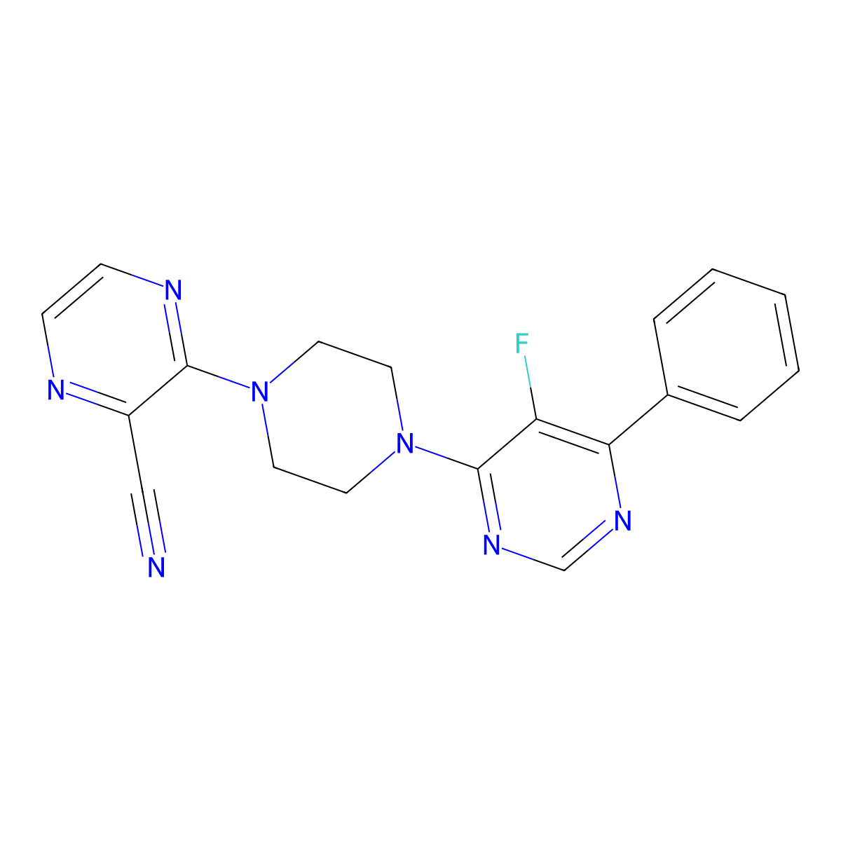 3-[4-(5-Fluoro-6-phenylpyrimidin-4-yl)piperazin-1-yl]pyrazine-2-carbonitrile molecular structure, CAS 2379970-83-7