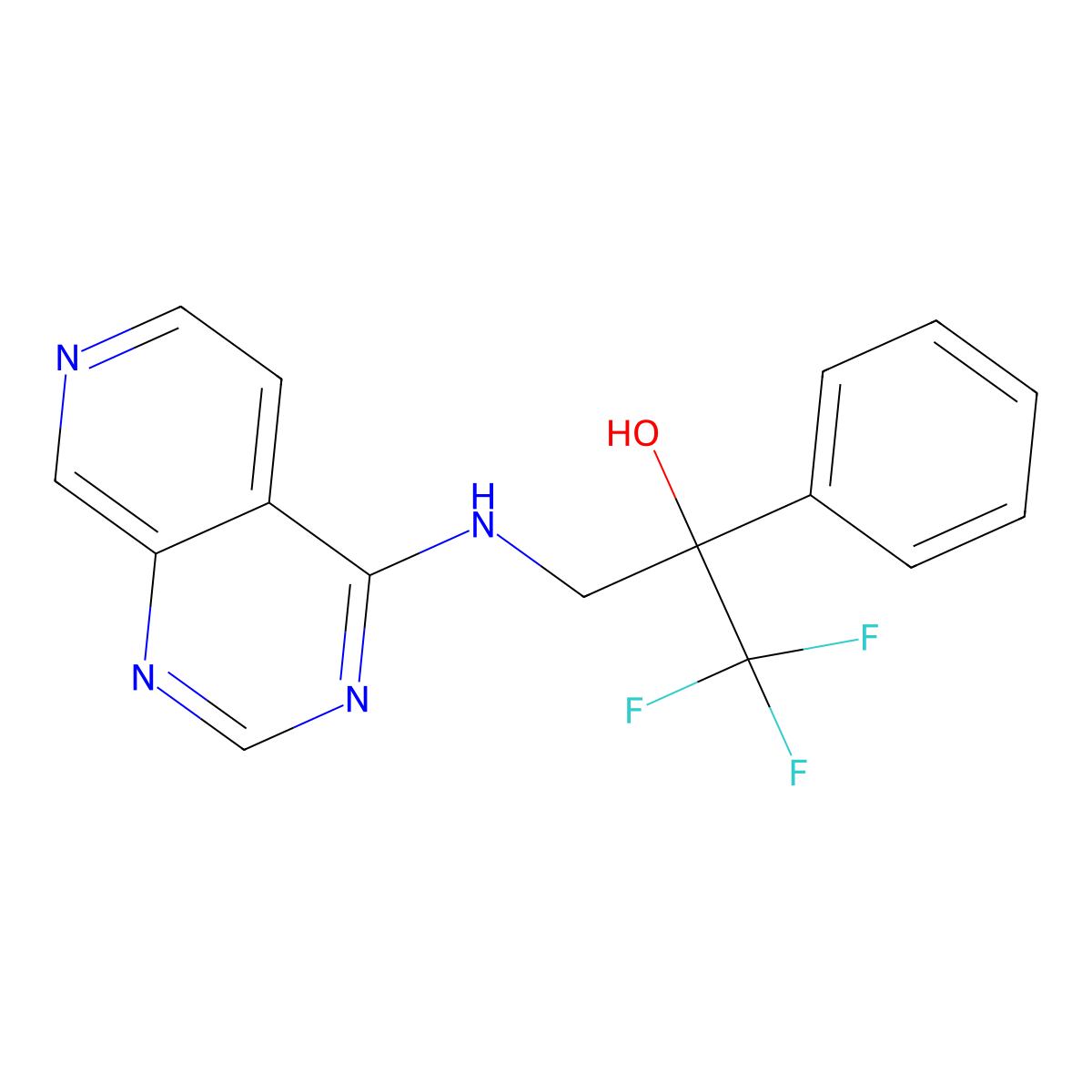 1,1,1-Trifluoro-2-phenyl-3-({pyrido[3,4-d]pyrimidin-4-yl}amino)propan-2-ol molecular structure, CAS 2379970-85-9