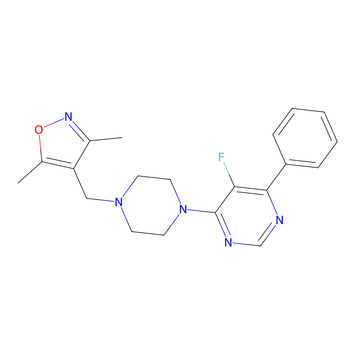 4-{4-[(3,5-Dimethyl-1,2-oxazol-4-yl)methyl]piperazin-1-yl}-5-fluoro-6-phenylpyrimidine molecular structure, CAS 2379971-01-2