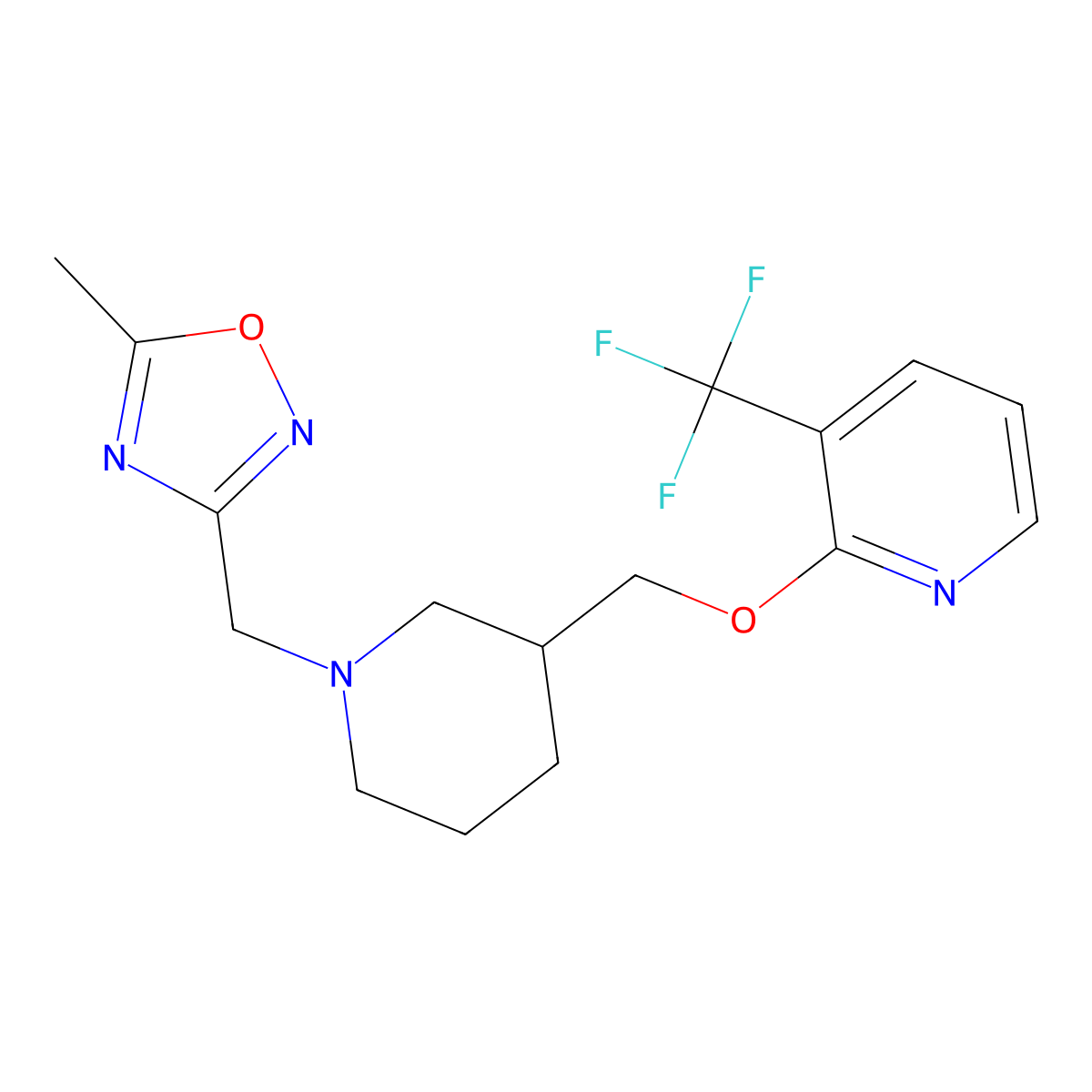 2-({1-[(5-Methyl-1,2,4-oxadiazol-3-yl)methyl]piperidin-3-yl}methoxy)-3-(trifluoromethyl)pyridine molecular structure, CAS 2379971-03-4