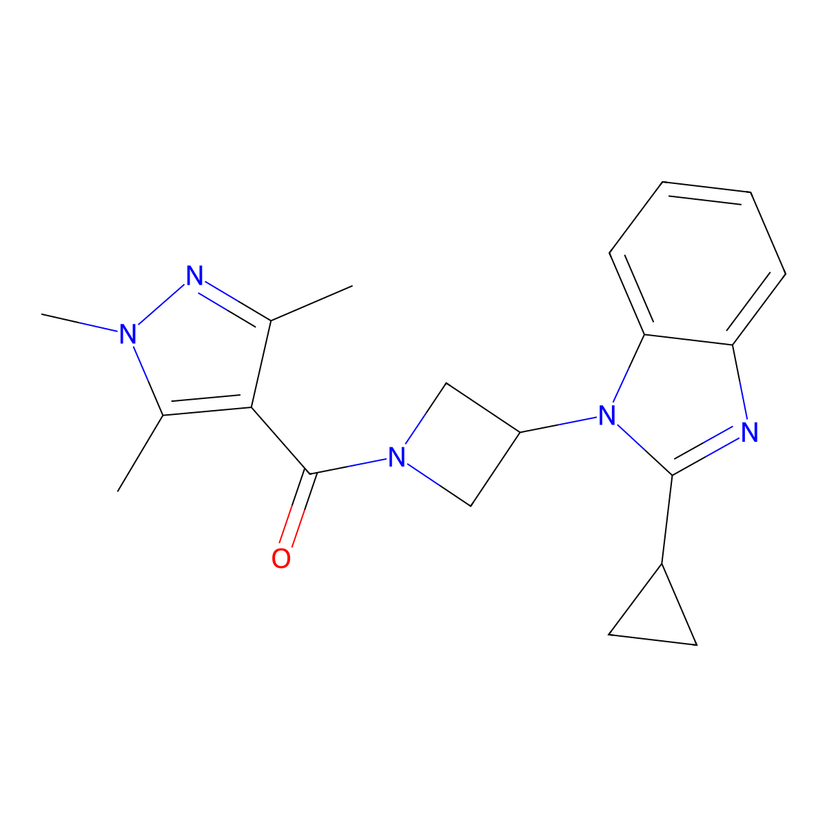 2-cyclopropyl-1-[1-(1,3,5-trimethyl-1H-pyrazole-4-carbonyl)azetidin-3-yl]-1H-1,3-benzodiazole molecular structure, CAS 2379971-14-7