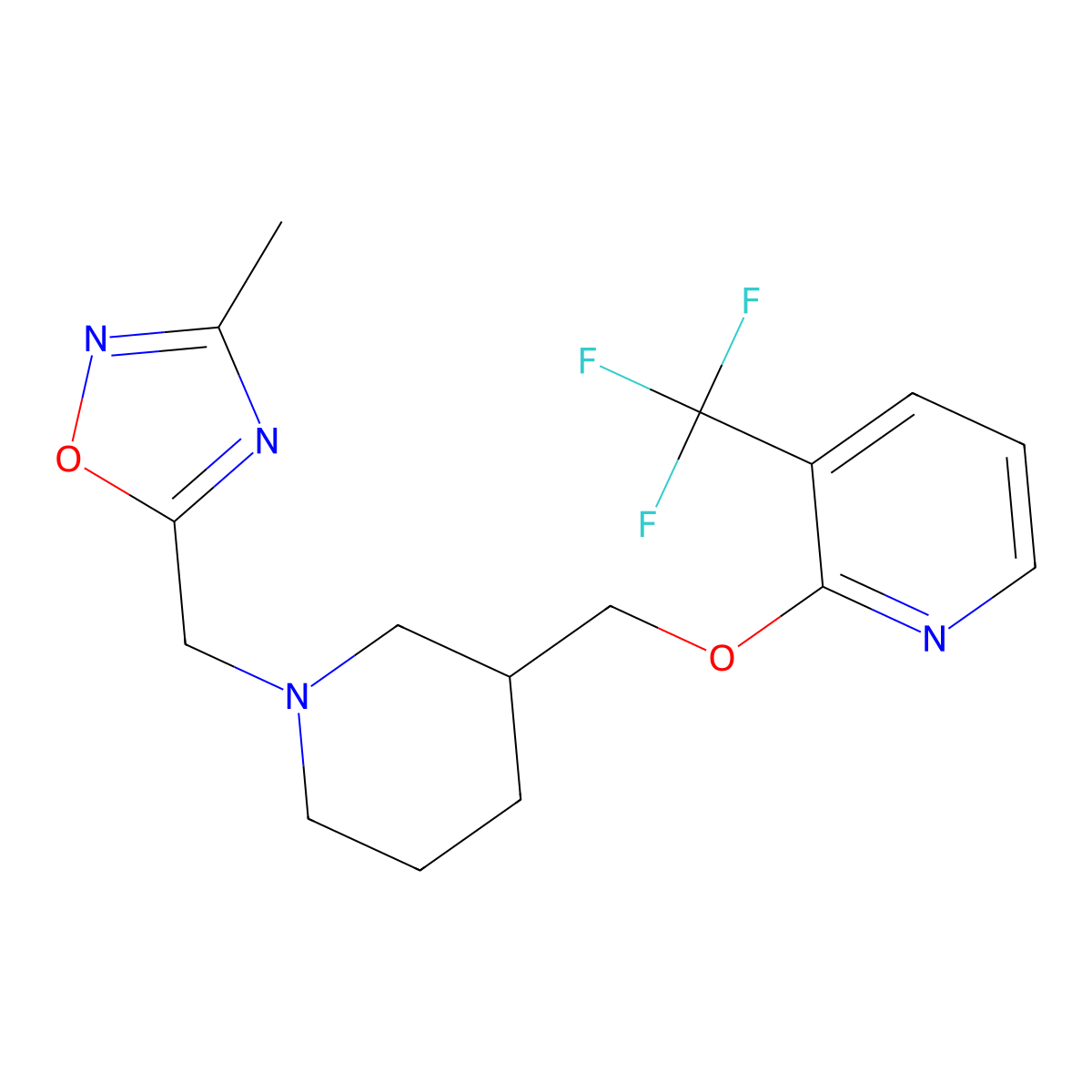 2-({1-[(3-Methyl-1,2,4-oxadiazol-5-yl)methyl]piperidin-3-yl}methoxy)-3-(trifluoromethyl)pyridine molecular structure, CAS 2379971-17-0