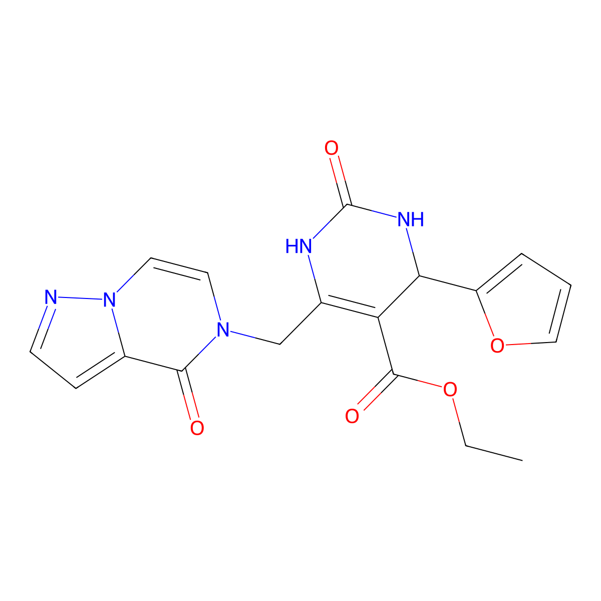 ethyl 4-(furan-2-yl)-2-oxo-6-({4-oxo-4H,5H-pyrazolo[1,5-a]pyrazin-5-yl}methyl)-1,2,3,4-tetrahydropyrimidine-5-carboxylate molecular structure, CAS 2379971-36-3