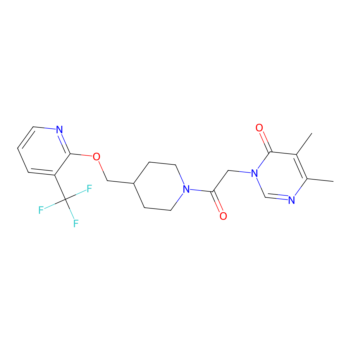 5,6-Dimethyl-3-{2-oxo-2-[4-({[3-(trifluoromethyl)pyridin-2-yl]oxy}methyl)piperidin-1-yl]ethyl}-3,4-dihydropyrimidin-4-one molecular structure, CAS 2379971-49-8