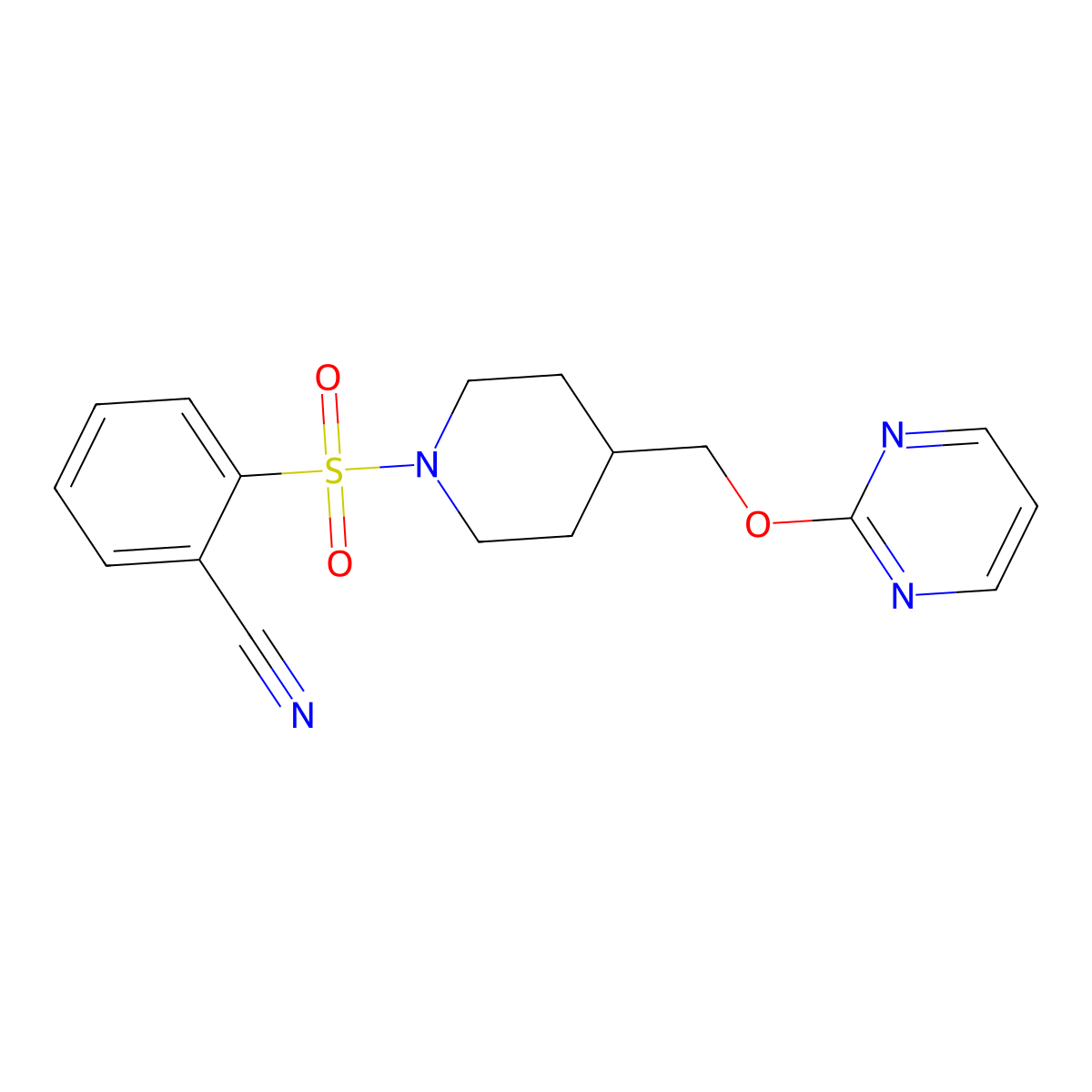 2-({4-[(Pyrimidin-2-yloxy)methyl]piperidin-1-yl}sulfonyl)benzonitrile molecular structure, CAS 2379971-54-5