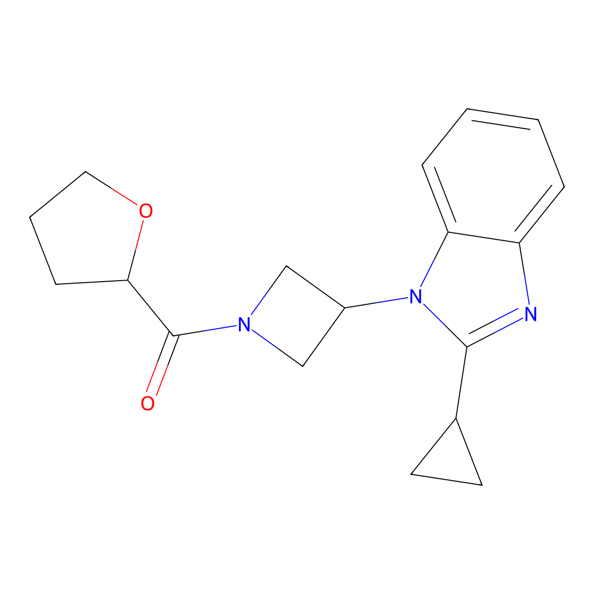 2-cyclopropyl-1-[1-(oxolane-2-carbonyl)azetidin-3-yl]-1H-1,3-benzodiazole molecular structure, CAS 2379971-61-4